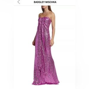 strapless gown by Badgley Mischka is decorated with luminous sequins pink